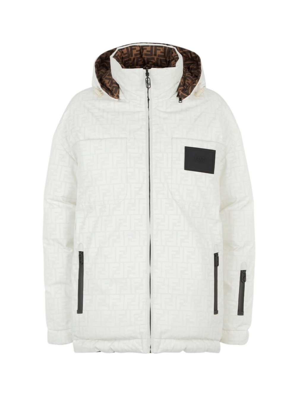 Fendi Reversible FF Motif Ski Jacket White Brown Hooded Coat IT 36 NWT
